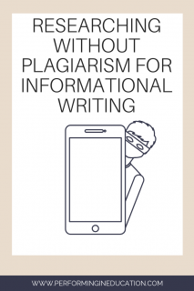 A vertical graphic with a tan and white background with text that says "Researching Without Plagiarism for Informational Writing" on it