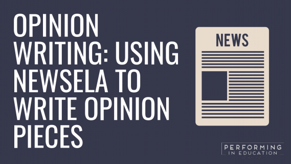 A horizontal graphic with a dark background and white text that says "Opinion Writing: Using NewsELA to Write Opinion Pieces"