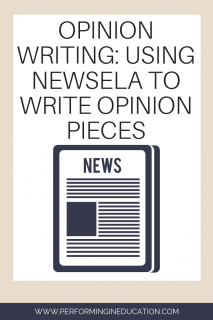 A vertical graphic with a tan and white background with text that says "Opinion Writing: Using NewsELA to Write Opinion Pieces" on it