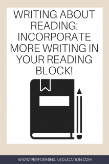 A vertical graphic with a tan and white background with text that says "Writing About Reading: Incorporate More Writing in Your Reading Block" on it