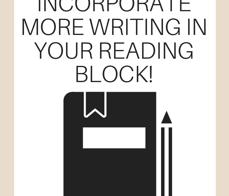 A vertical graphic with a tan and white background with text that says "Writing About Reading: Incorporate More Writing in Your Reading Block" on it