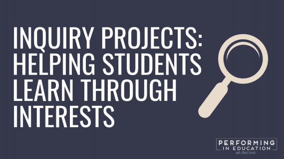 A horizontal graphic with a dark background and white text that says "Inquiry Projects: Helping Students Learn through Interests" and a magnifying glass graphic