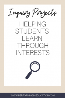 A vertical graphic with a tan and white background with text that says "Inquiry Projects: Helping Students Learn through Interests" on it with a dark magnifying glass graphic