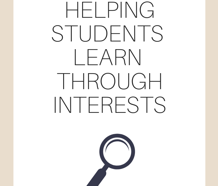 A vertical graphic with a tan and white background with text that says "Inquiry Projects: Helping Students Learn through Interests" on it with a dark magnifying glass graphic