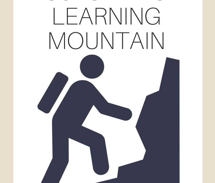 A vertical graphic with a tan and white background with text that says "Climbing the Project-based Learning Mountain" on it