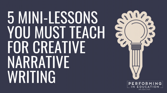 A horizontal graphic with a dark background and white text that says "5 Mini-Lessons You Must Teach for Creative Narrative Writing"
