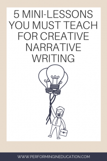 A vertical graphic with a tan and white background with text that says "5 Mini-Lessons You Must Teach for Creative Narrative Writing" on it