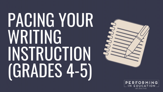 A horizontal graphic with a dark background and white text that says "Pacing Your Writing Instruction (Grades 4-5)"