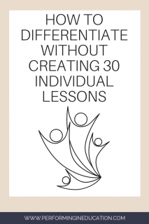 A vertical graphic with a tan and white background with text that says "How to Differentiate Without Creating 30 Individual Lessons" on it