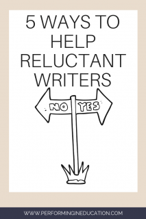 A vertical graphic with a tan and white background with text that says "5 Ways to Help Reluctant Writers" on it