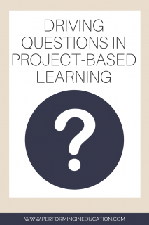 A vertical graphic with a tan and white background with text that says "Driving Questions in Project-based Learning" on it