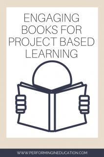 A vertical graphic with a tan and white background with text that says "Engaging Books for Project Based Learning" on it