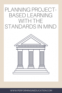 A vertical graphic with a tan and white background with text that says "Planning Project-Based Learning with the Standards in Mind" on it