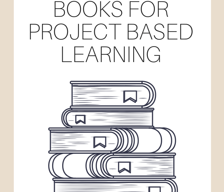A vertical graphic with a tan and white background with text that says "Professional Development Books for Project Based Learning" on it