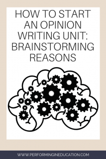 A vertical graphic with a tan and white background with text that says "How to Start an Opinion Writing Unit: Brainstorming Reasons" on it