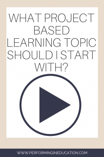 A vertical graphic with a tan and white background with text that says "What Project Based Learning Topic Should I Start With?" on it