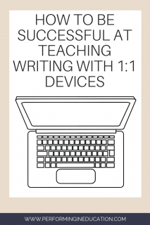 A vertical graphic with a tan and white background with text that says "How to Be Successful at Teaching Writing with 1:1 Devices" on it