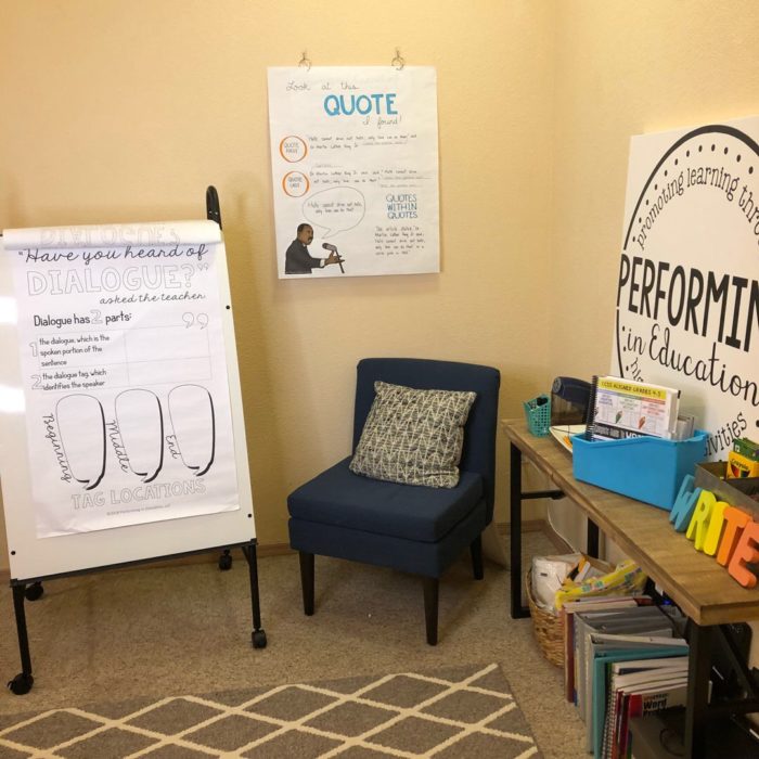 This is a photograph of a writing area in a classroom.