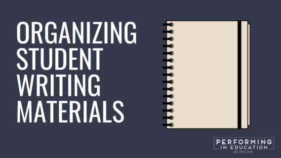 A horizontal graphic with a dark background and white text that says "Organizing Student Writing Materials"