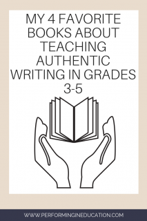 A vertical graphic with a tan and white background with text that says "My 4 Favorite Books About Teaching Authentic Writing in Grades 3-5" on it