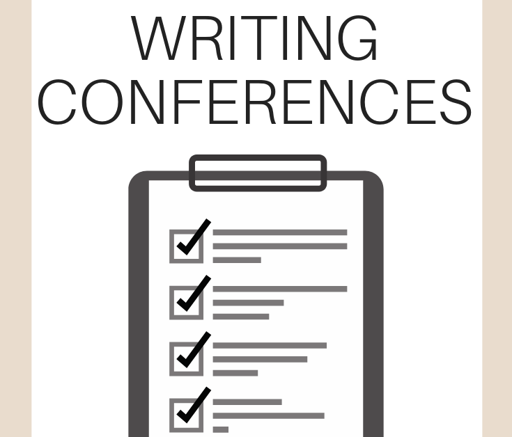 A vertical graphic with a tan and white background with text that says "Fitting in Quality Writing Conferences" on it