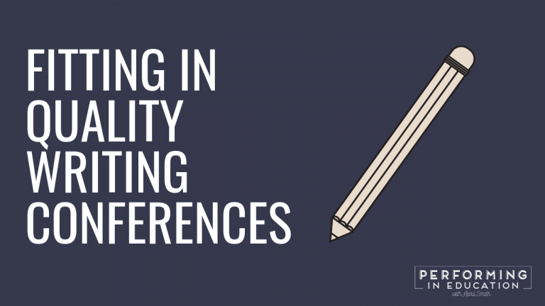 A horizontal graphic with a dark background and white text that says "Fitting in Quality Writing Conferences"