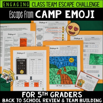 Back to School Escape from Camp Emoji 5th Grade Reading & Math Review