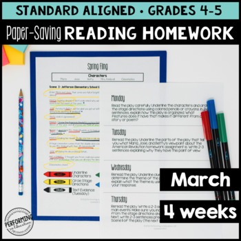 March Reading Homework for 4th & 5th PAPER-SAVING color text-based evidence