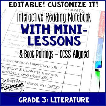 Reading Interactive Notebook with EDITABLE Lessons 3rd Grade Literature CCSS