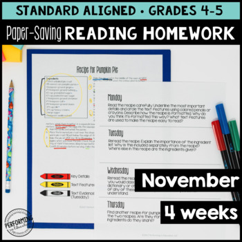 November Reading Homework for 4th & 5th PAPER-SAVING color text-based evidence