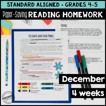 December Reading Homework for 4th & 5th PAPER-SAVING color text-based evidence