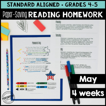 May Reading Homework for 4th & 5th Memorial Day, Mother’s Day PAPER-SAVING