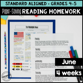 June Reading Homework for 4th & 5th PAPER-SAVING color text-based evidence