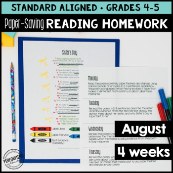 August Reading Homework for 4th & 5th PAPER-SAVING