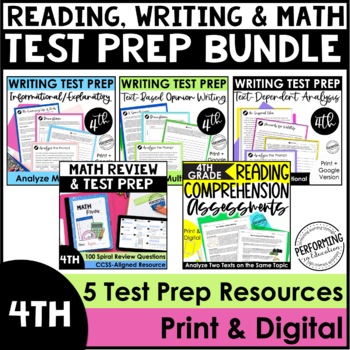 Reading Test Prep, Writing Test Prep, & Math Test Prep | 4th Grade Bundle