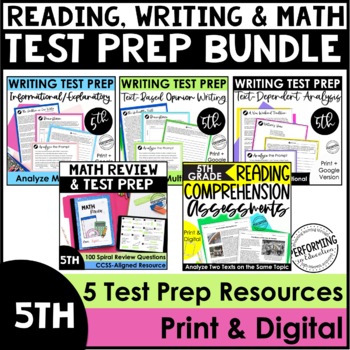 Reading Test Prep, Writing Test Prep, & Math Test Prep | 5th Grade Bundle