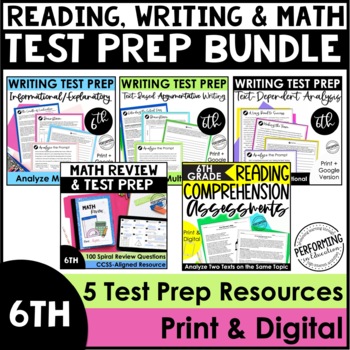Reading Test Prep, Writing Test Prep, & Math Test Prep | 6th Grade Bundle