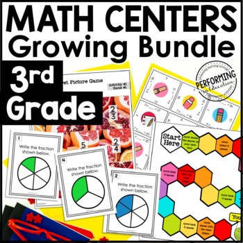 3rd Grade Math Centers Year-Long Growing Bundle | Fractions, Multiplication