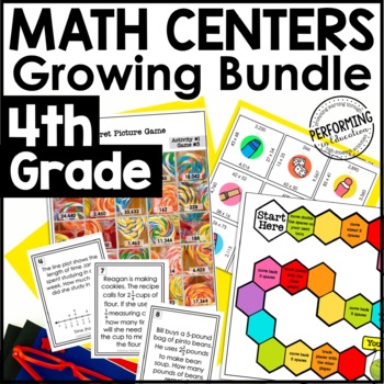 4th Grade Math Centers Year-Long Growing Bundle | Fractions, Multiplication