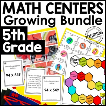 5th Grade Math Centers Year-Long Growing Bundle | Fractions, Multiplication
