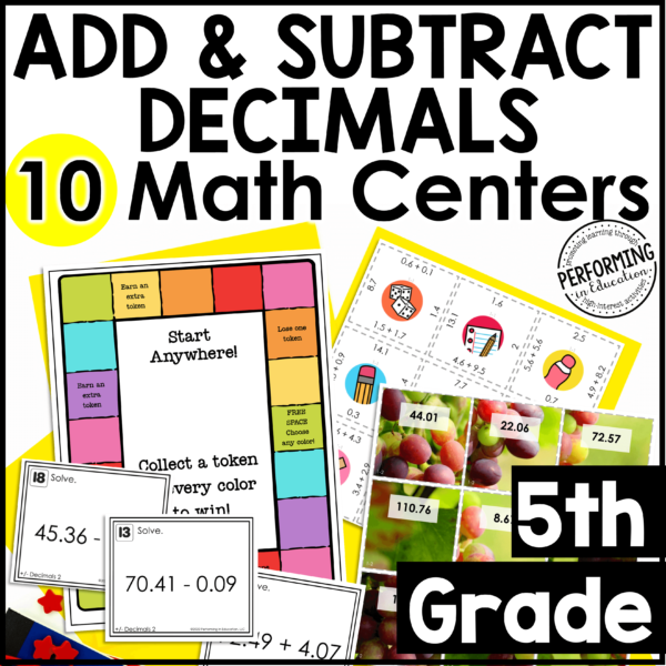 5th Grade Math Centers | 10 Add & Subtract Decimals | Decimals to Hundredths